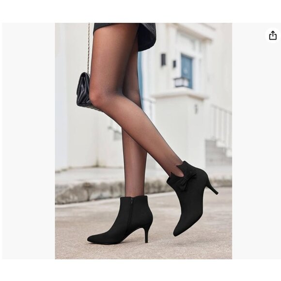 Ermonn Womens Pointed Toe Ankle Boots Stiletto Heels Side Zipper Bow Faux Suede - Picture 3 of 11